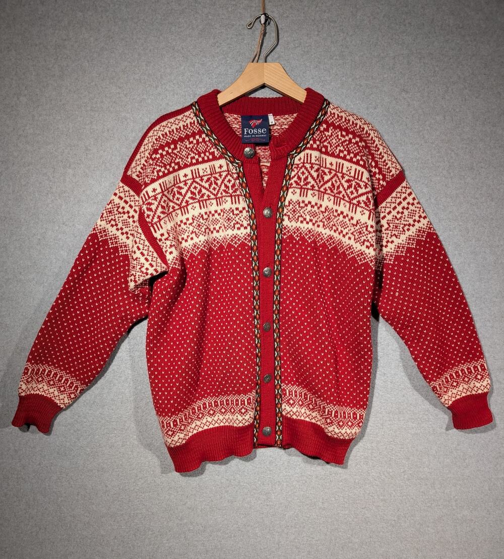 Fosse Norway Red Wool Cardigan Sweater Fair Isle w/ non-magnetic Metal Buttons